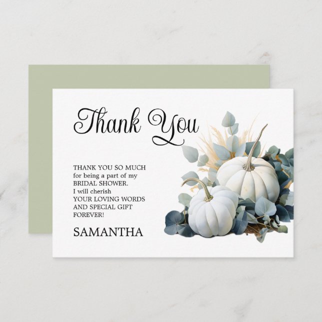 White pumpkins and eucalyptus greens Bridal Shower Thank You Card (Front/Back)