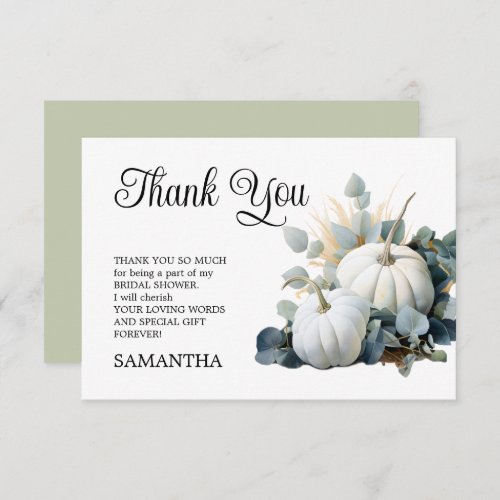 White pumpkins and eucalyptus greens Bridal Shower Thank You Card