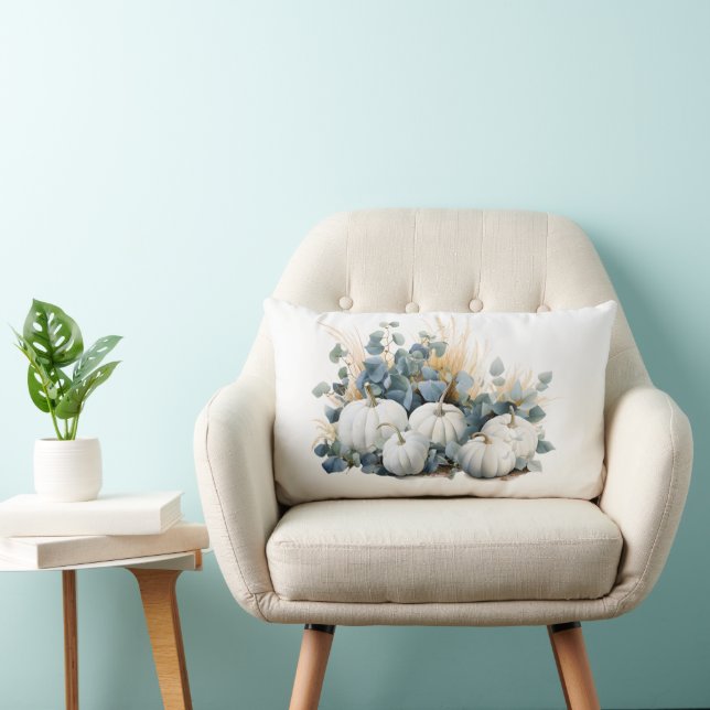 White pumpkins and eucalyptus greens lumbar pillow (Chair)