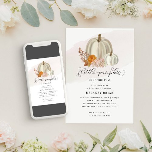 White Pumpkins and Fall Flowers Baby Shower Invitation