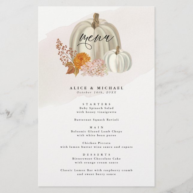 White Pumpkins and Fall Flowers Event Dinner Menu Flyer (Front)