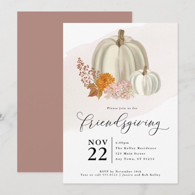 White Pumpkins and Fall Flowers, Friendsgiving  Invitation (Front/Back)