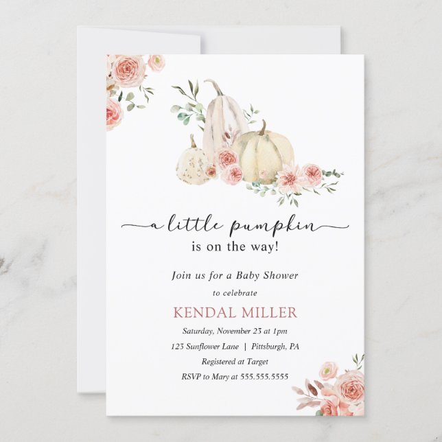 White Pumpkins and Pink Flowers Autumn Baby Shower Invitation (Front)