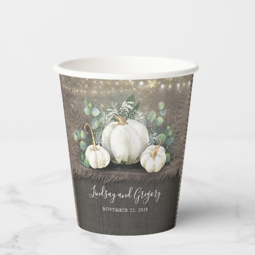 White Pumpkins and Rustic Country Burlap Fall Paper Cups