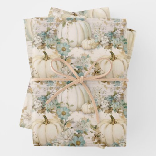 White Pumpkins Aqua Blue Fall Watercolor Florals Wrapping Paper Sheets