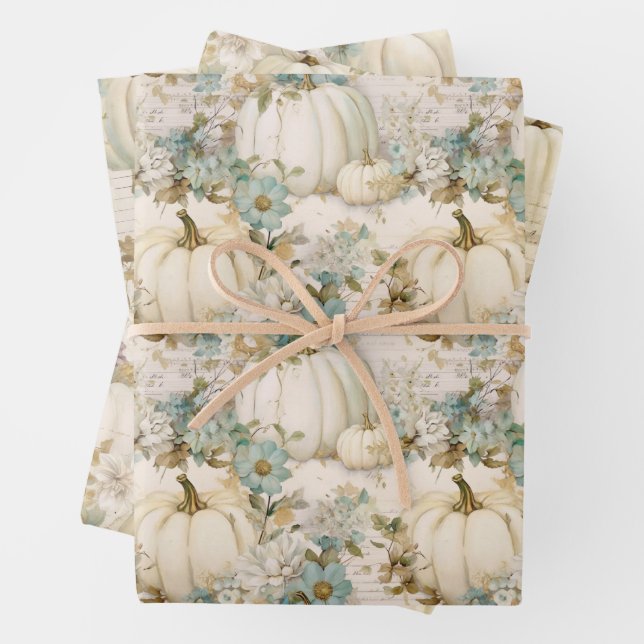White Pumpkins Aqua Blue Fall Watercolor Florals Wrapping Paper Sheets (In situ)