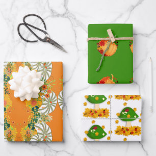 White Pumpkins Fall Colors Toadstool Floral Green Wrapping Paper Sheets