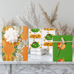 White Pumpkins Fall Colors Toadstool Floral Green Wrapping Paper Sheets