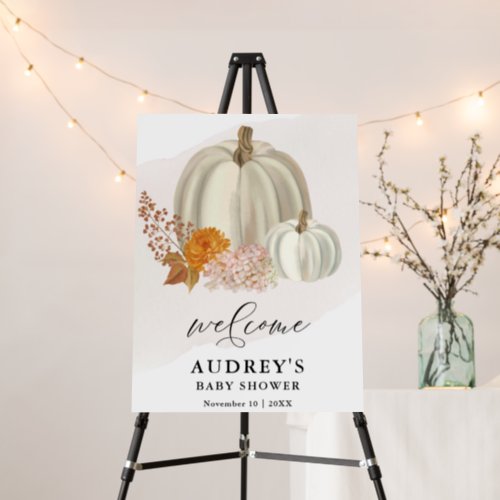 White Pumpkins Fall Flowers Baby Shower Welcome Foam Board