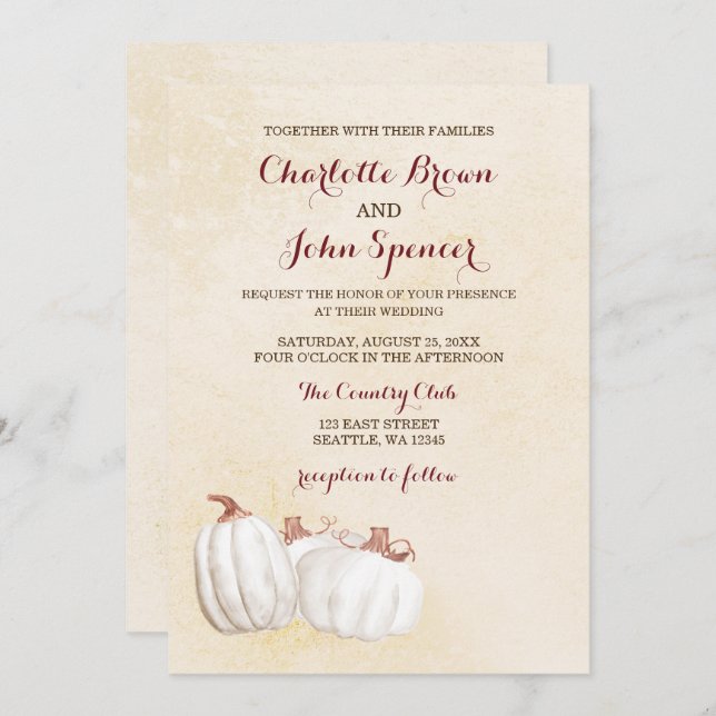 white pumpkins fall harvest wedding invites (Front/Back)