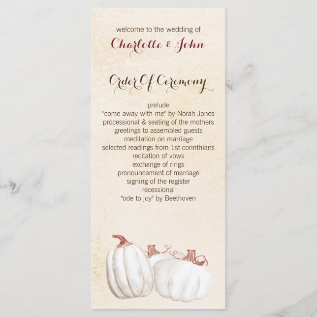 white pumpkins fall harvest wedding programs (Front)