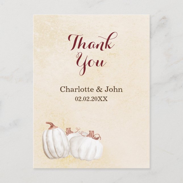 white pumpkins fall harvest wedding thank you postcard (Front)