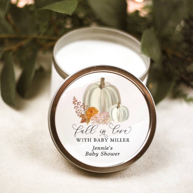 White Pumpkins Fall in Love Baby Shower Customized Classic Round Sticker (Creator Uploaded)