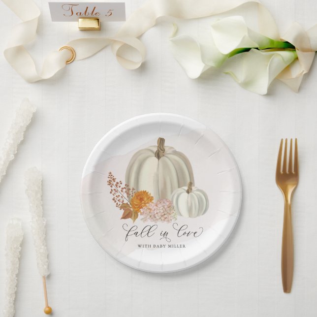 White Pumpkins Fall in Love Baby Shower Customized Paper Plates (Wedding)