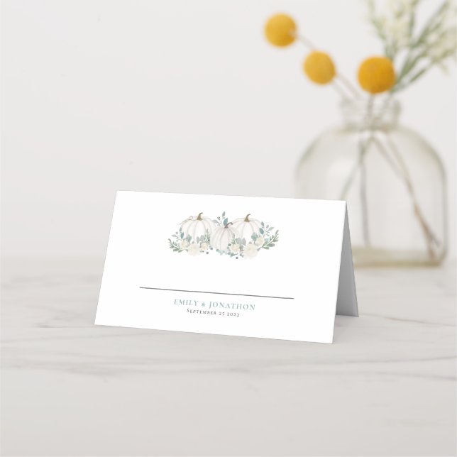 White Pumpkins Florals Names Date Wedding Place Card (Front)