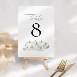 White Pumpkins Florals Teal Wedding Table Number