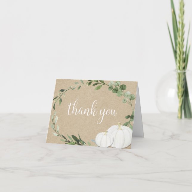 White pumpkins greenery rustic fall thank you card (Front)