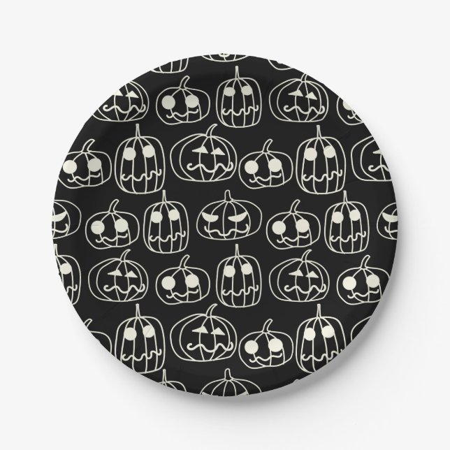 White Pumpkins Halloween Pattern Paper Plates (Front)