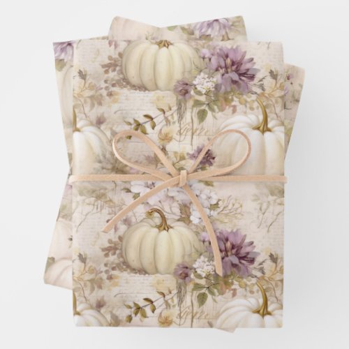 White Pumpkins Lilac Purple Fall Watercolor Floral Wrapping Paper Sheets