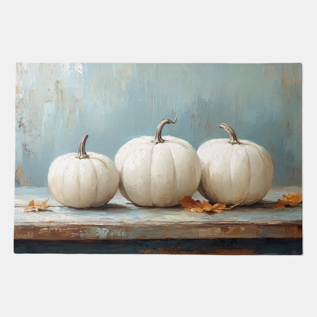 White Pumpkins on Vintage Blue Table Doormat (Front)