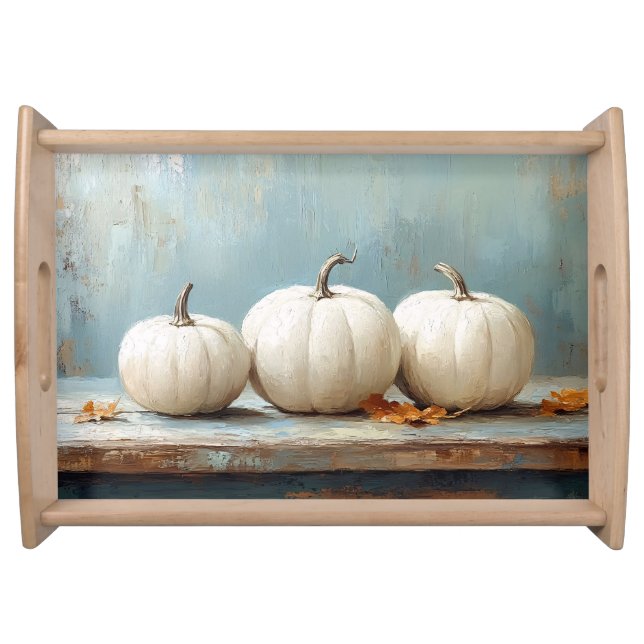 White Pumpkins on Vintage Blue Table Serving Tray (Front)