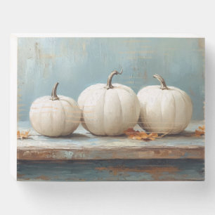 White Pumpkins on Vintage Blue Table Wooden Box Sign