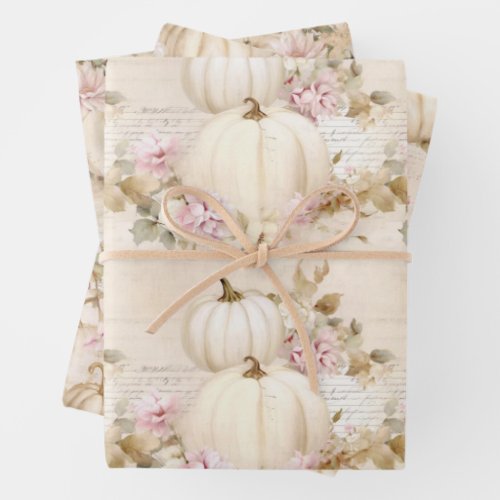 White Pumpkins Pastel Pink Fall Watercolor Floral Wrapping Paper Sheets