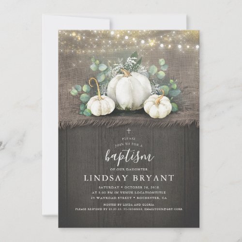 White Pumpkins Rustic Country Fall Baptism Invitation