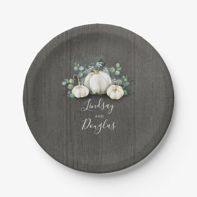 White Pumpkins Rustic Country Fall Inspired Paper Plates (Front)