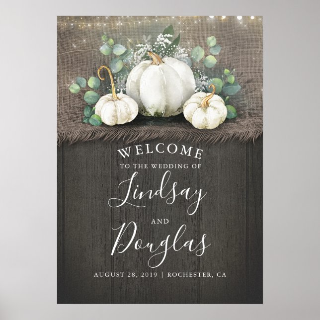 White Pumpkins Rustic Country Wedding Welcome Sign (Front)