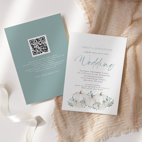 White Pumpkins Teal Foliage QR Code Wedding Invita Invitation