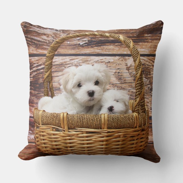 White Puppies In A Basket Throw Pillow (Front)