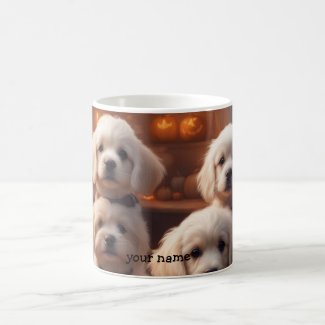 White Puppies in the kitchen on Halloween