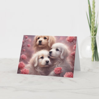 White Puppies Pink Roses Valentines Day Card