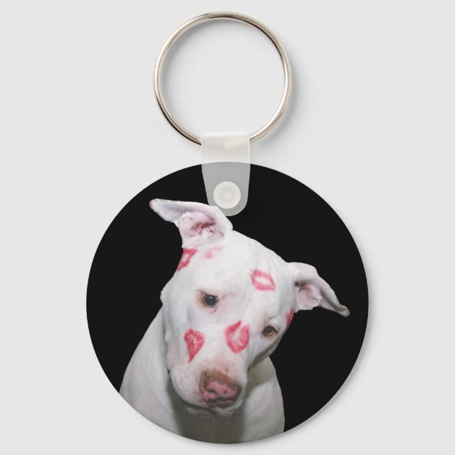 White Puppy Dog Love, Sealed with Lipstick Kisses Keychain (Front)