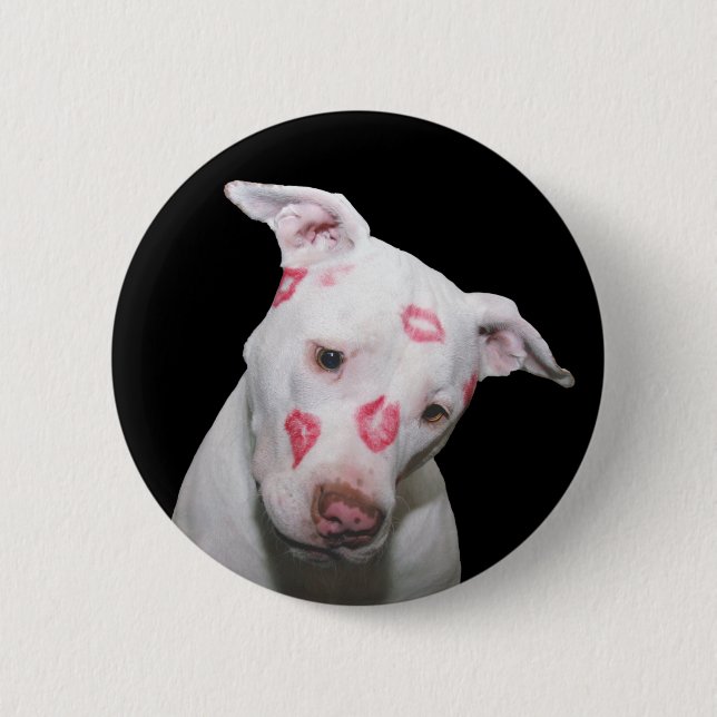 White Puppy Dog Love, Sealed with Lipstick Kisses Pinback Button (Front)