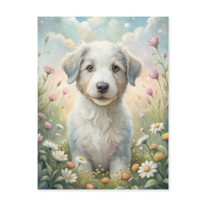 White Puppy Pastel Wildflowers Daisies Sunshine Postcard