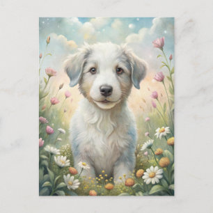 White Puppy Pastel Wildflowers Daisies Sunshine Postcard