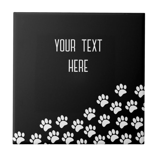 White Puppy Paw Prints Editable Text Black  Ceramic Tile (Front)