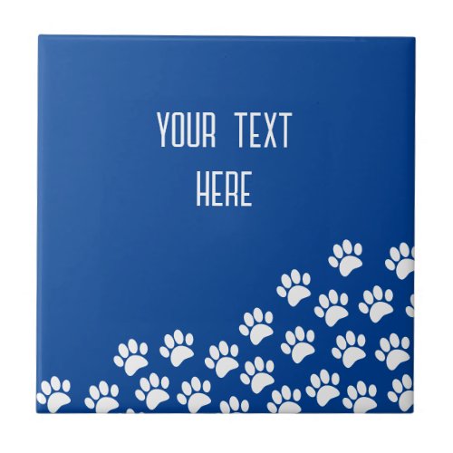 White Puppy Paw Prints With Custom Text Blue Ceramic Tile