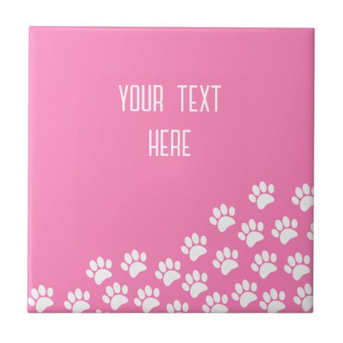 White Puppy Paw Prints With Custom Text Pink Ceramic Tile