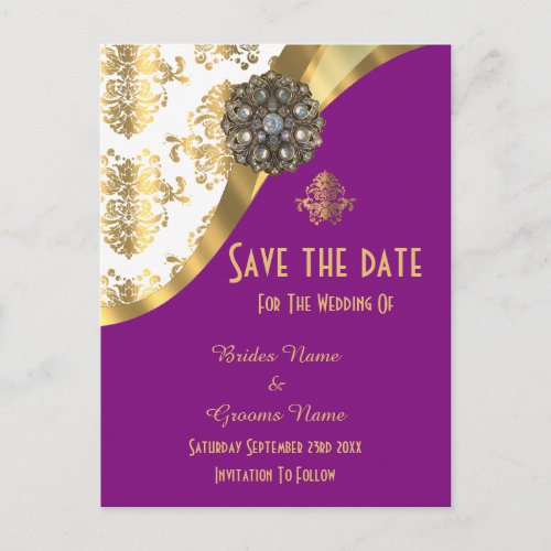 White purple and gold damask save the date announcement postcard