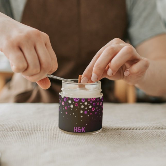 White purple and pink diamonds on gray monogram scented candle (Creator Uploaded)