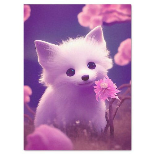 White Purple Baby Fox With Pink Flowers Decoupage Tissue Paper