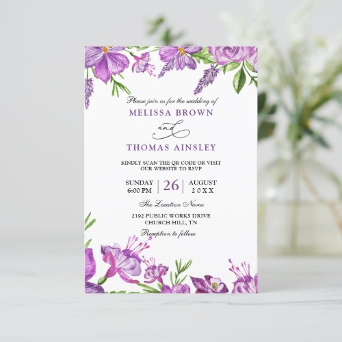 White Purple Beautiful Budget QR Code Wedding Invitation