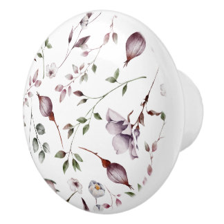 White Purple Buds Leaves Watercolor Floral Pattern Ceramic Knob