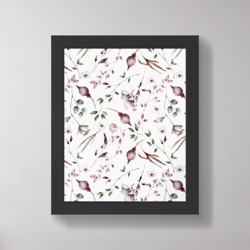 White Purple Buds Leaves Watercolor Floral Pattern Framed Art