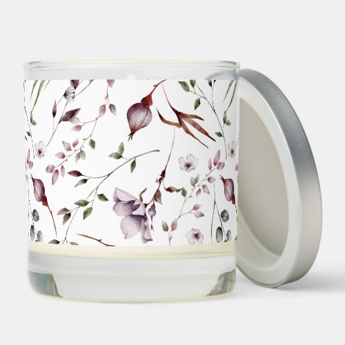 White Purple Buds Leaves Watercolor Floral Pattern Scented Candle