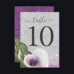 White Purple Calla Lily Wedding Table Number Cards<br><div class="desc">Create your white and purple calla lily wedding table number cards using a modern watercolor DIY template that is easy to use. The elegant design features a beautiful white and purple calla lily flower in the shape of a heart with a gold stamen. A graceful greenery leaf, calla lily bouquet...</div>