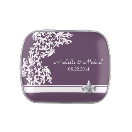 White Purple Fleur De Lis Pattern Wedding Jelly Belly Candy Tin